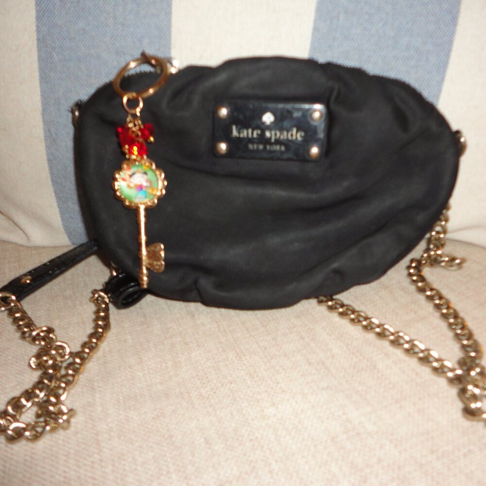 KATE SPADE "Greta" Black Canvas with Silver Chain Small Crossbody Purse